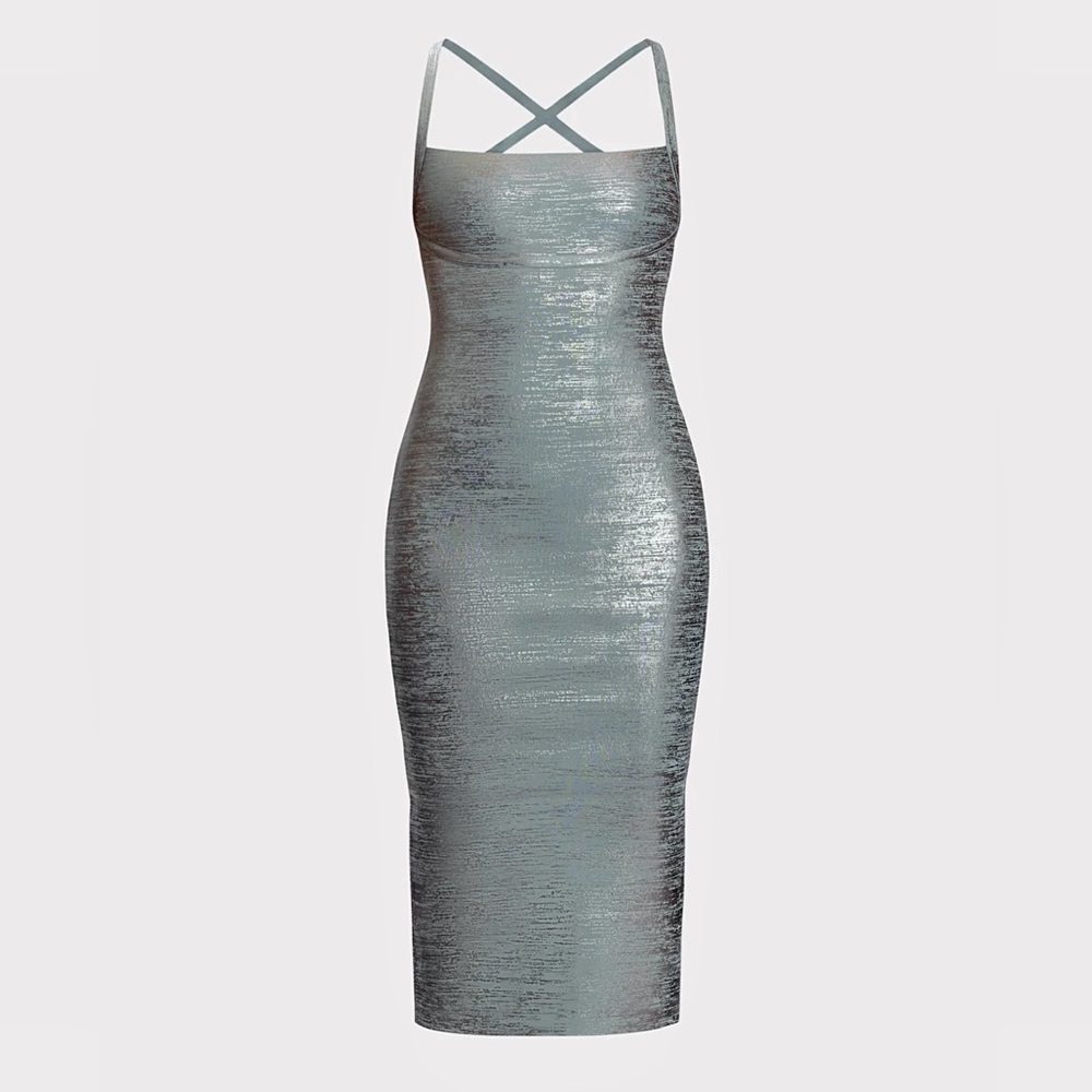 BNWT! Herve Leger Vinyl Foil Midi Dress in Smoke Foil SZ. Large - Picture 2 of 8